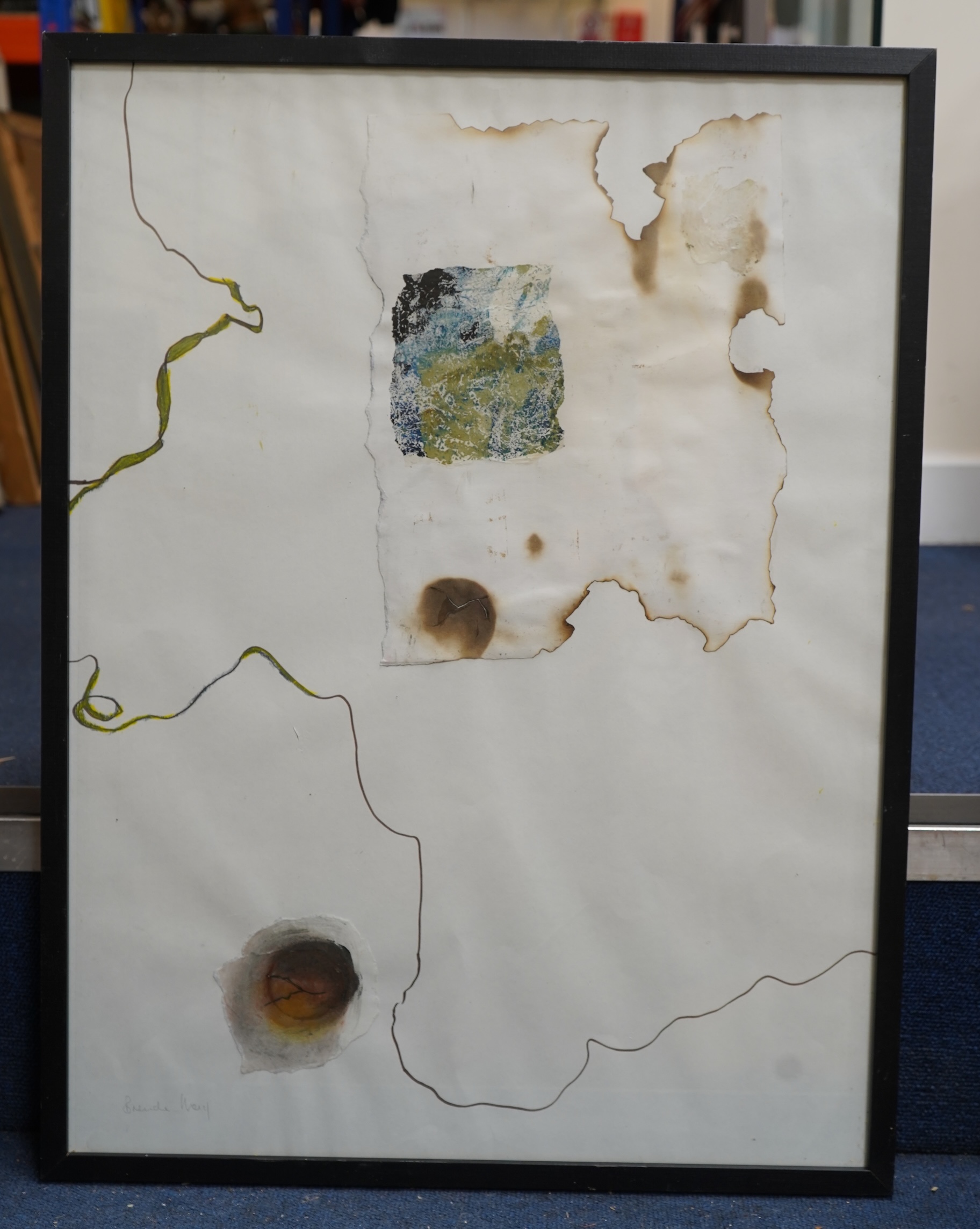 Brenda May (Modern British), a collection of four works to include an abstract collage, ‘Salvaged from the fire I’ and two pencil signed prints, one titled ‘Last Look’, one framed, largest 60 x 45cm